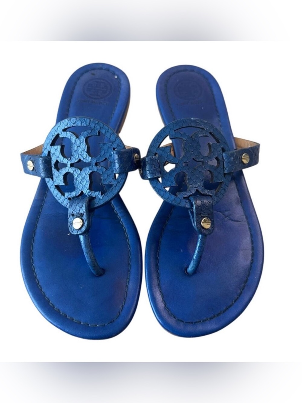 Tory Burch Miller Laguna Blue Snake Embossed Sandals 7.5